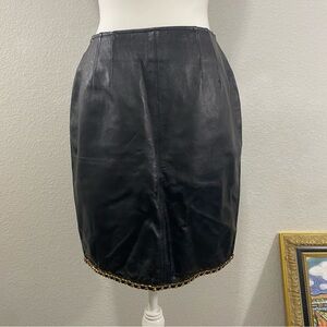 Vintage Melanzona Black Genuine Leather Skirt, Gold Trim, Size 8